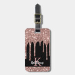 Monogrammed Rose Gold Glitter Drips On Black Luggage Tag at Zazzle