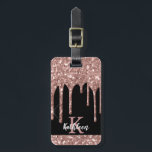 Monogrammed Rose Gold Glitter Drips on Black Luggage Tag<br><div class="desc">Modern, girly rose gold glitter drips name and monogrammed luggage tag. This design features blush pink rose gold glitter sparkle drips on black color background with custom personalized monogram initial and first name text template. Perfect feminine gift. Please note, this design is printed photo effect. If you need help or...</div>