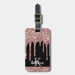 Monogrammed Rose Gold Glitter Drips on Black Luggage Tag