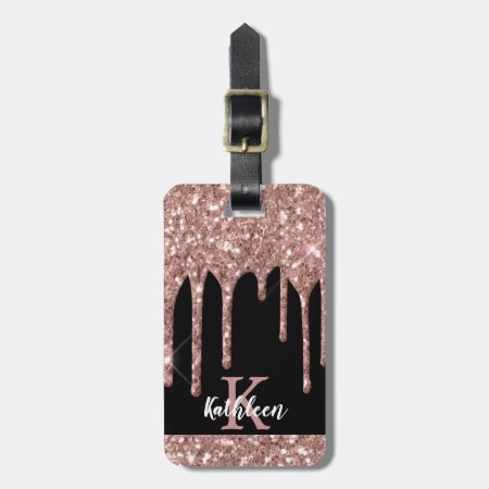 Monogrammed Rose Gold Glitter Drips On Black Luggage Tag