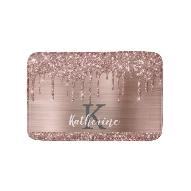 Monogrammed Rose Gold Glitter Drips on Pink Metal Bath Mat (Front)