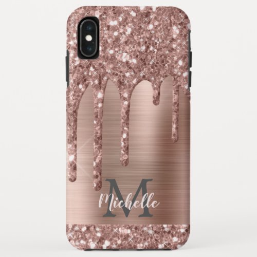 Monogrammed Rose Gold Glitter Drips on Pink Metal iPhone XS Max Case