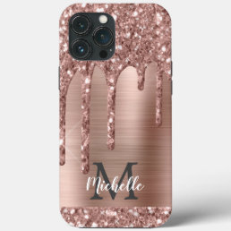 Monogrammed Rose Gold Glitter Drips on Pink Metal  iPhone 13 Pro Max Case