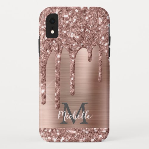 Monogrammed Rose Gold Glitter Drips on Pink Metal iPhone XR Case