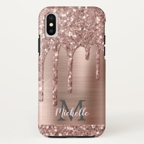 Monogrammed Rose Gold Glitter Drips on Pink Metal iPhone XS Case