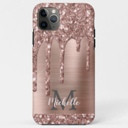 Monogrammed Rose Gold Glitter Drips on Pink Metal iPhone 11 Pro Max Case