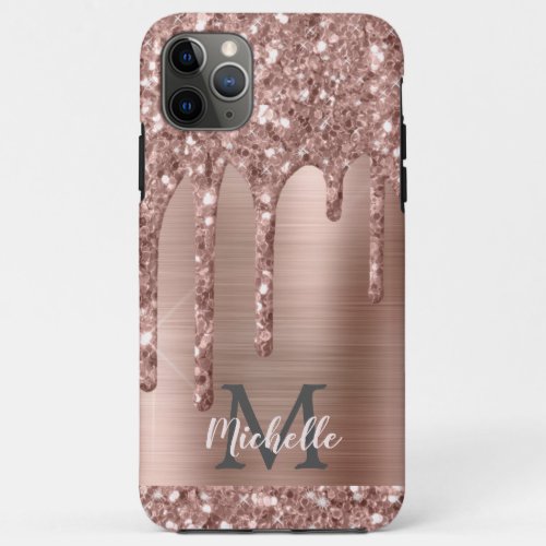 Monogrammed Rose Gold Glitter Drips on Pink Metal iPhone 11 Pro Max Case