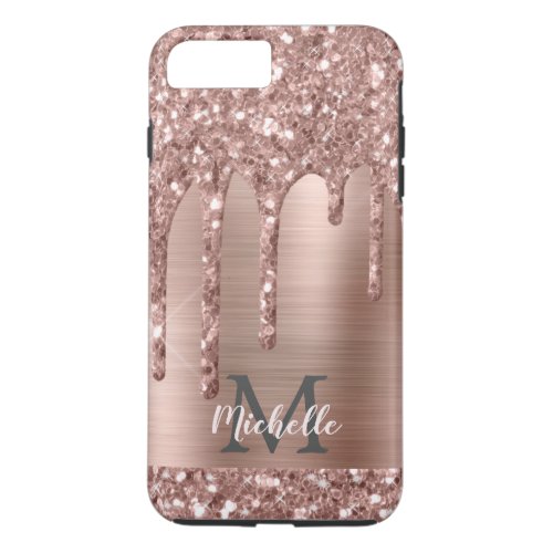 Monogrammed Rose Gold Glitter Drips on Pink Metal iPhone 8 Plus7 Plus Case