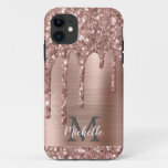 Monogrammed Rose Gold Glitter Drips On Pink Metal Iphone 11 Case at Zazzle