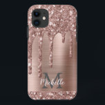 Monogrammed Rose Gold Glitter Drips on Pink Metal iPhone 11 Case<br><div class="desc">Modern,  girly rose gold glitter drips name and monogrammed iphone case. This design features blush pink rose gold glitter sparkle drips on pink brushed metal background with custom personalized monogram initial and first name text template. Perfect feminine gift. If you need help or matching items,  please contact to me.</div>