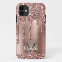Monogrammed Rose Gold Glitter Drips on Pink Metal