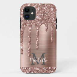 Monogrammed Rose Gold Glitter Drips on Pink Metal iPhone 11 Case