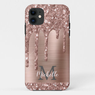 Monogrammed Rose Gold Glitter Drips on Pink Metal iPhone 11 Case
