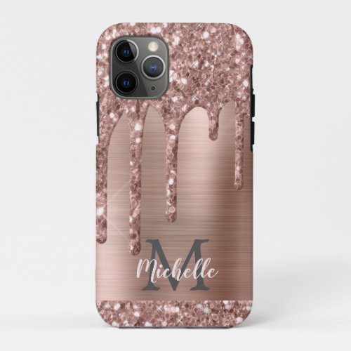 Monogrammed Rose Gold Glitter Drips on Pink Metal iPhone 11 Pro Case