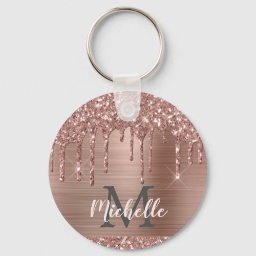 Monogrammed Rose Gold Glitter Drips on Pink Metal Keychain