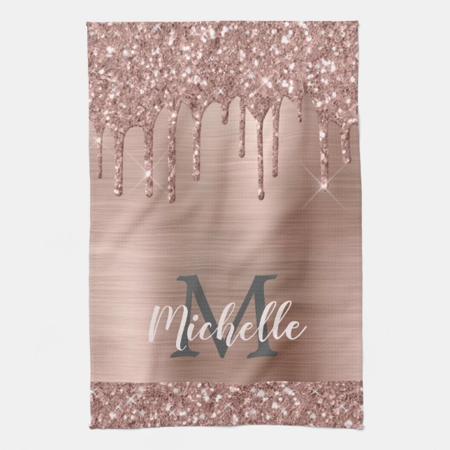 Monogrammed Rose Gold Glitter Drips on Pink Metal Kitchen Towel (Vertical)