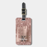 Monogrammed Rose Gold Glitter Drips On Pink Metal Luggage Tag at Zazzle