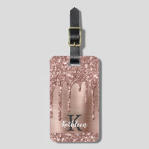 Monogrammed Rose Gold Glitter Drips on Pink Metal Luggage Tag