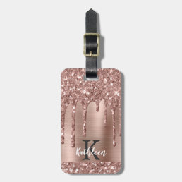 Monogrammed Rose Gold Glitter Drips on Pink Metal Luggage Tag