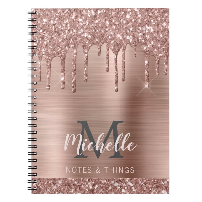 Monogrammed Rose Gold Glitter Drips on Pink Metal Notebook (Front)