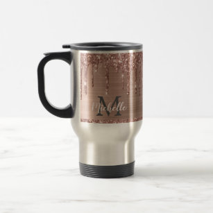 Monogrammed Rose Gold Glitter Drips on Pink Metal Travel Mug