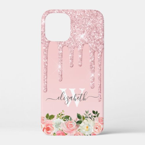 Monogrammed Rose Gold Glitter Drips Pink Floral iPhone 12 Mini Case