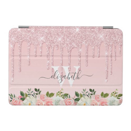 Monogrammed Rose Gold Glitter Drips Pink Floral iPad Mini Cover
