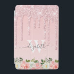 Monogrammed Rose Gold Glitter Drips Pink Floral iPad Mini Cover<br><div class="desc">Modern, girly rose gold glitter drips name and monogrammed ipad cover. This design features blush pink rose gold glitter sparkle drips on pink background. At the bottom blush pink watercolor rose floral arrangement. Including a custom personalized monogram initial and a first name text template in hand lettered script font. Perfect...</div>