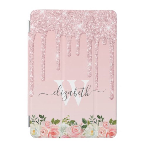 Monogrammed Rose Gold Glitter Drips Pink Floral iPad Mini Cover