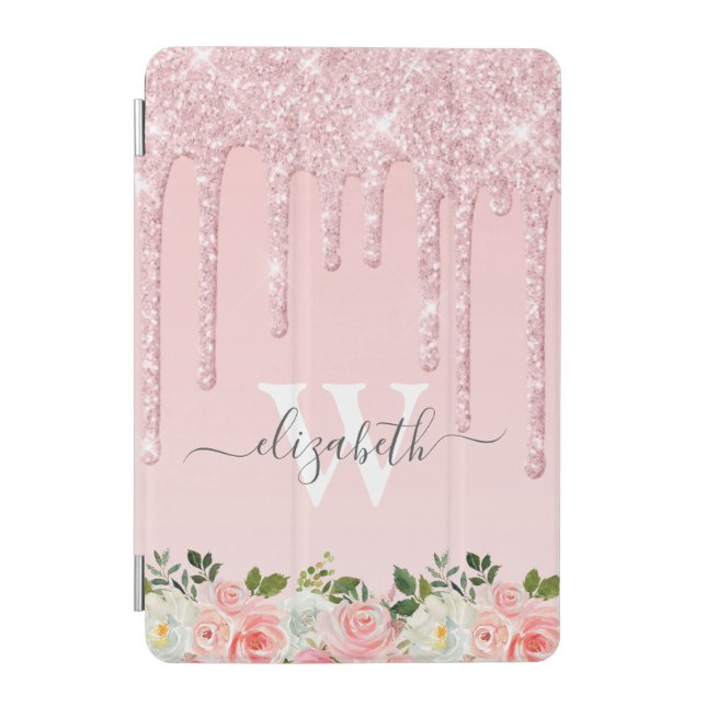 Monogrammed Rose Gold Glitter Drips Pink Floral iPad Mini Cover (Front)