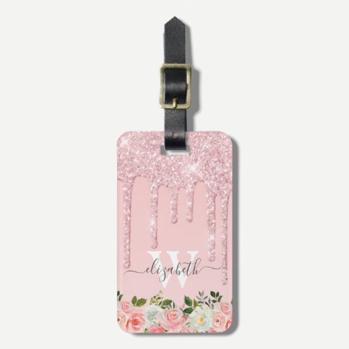 Monogrammed Rose Gold Glitter Drips Pink Floral Luggage Tag