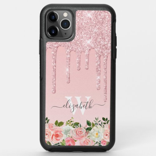 Monogrammed Rose Gold Glitter Drips Pink Floral OtterBox Symmetry iPhone 11 Pro Max Case