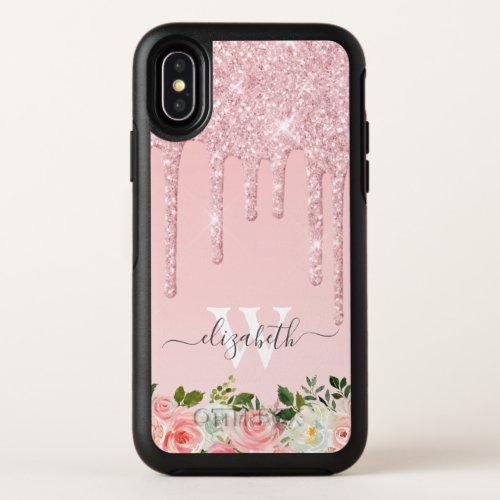 Monogrammed Rose Gold Glitter Drips Pink Floral OtterBox Symmetry iPhone XS Case