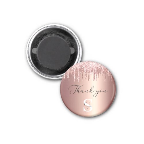 Monogrammed Rose Gold Glitter Drips Thank you Magnet