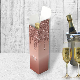 Monogrammed Rose Gold Glitter Drips Wine Gift Box