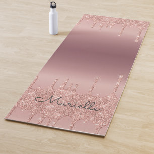 Monogrammed Rose Gold Glitter Drips Yoga Mat