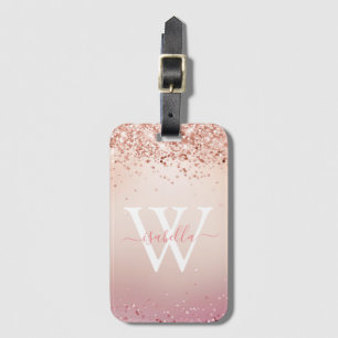Monogrammed Rose Gold Glitter Elegant Script Name Luggage Tag