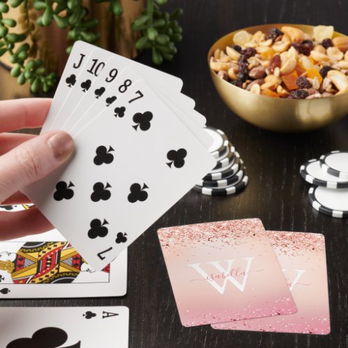 Monogrammed Rose Gold Glitter Elegant Script Poker Cards