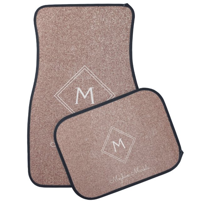 Monogrammed Rose Gold Glitter Print Metallic Car Floor Mat (Set)