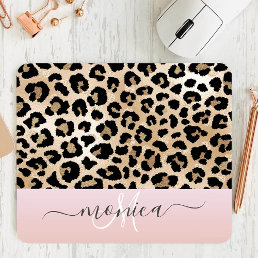 Monogrammed Rose Gold Leopard Print Girly Glam Mouse Pad