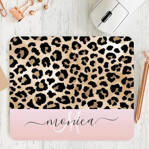 Monogrammed Rose Gold Leopard Print Girly Glam Mouse Pad