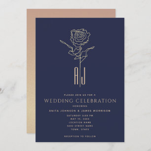 Monogrammed Rose Gold Navy Blue Wedding Invitation