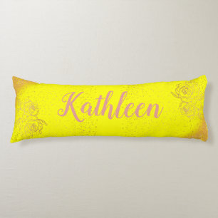 Monogrammed Rose Gold Pink Roses on Yellow Body Pillow
