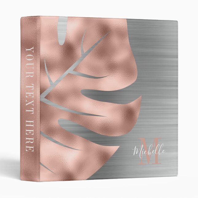 Monogrammed Rose Gold Silver Metallic 3 Ring Binder (Front/Spine)