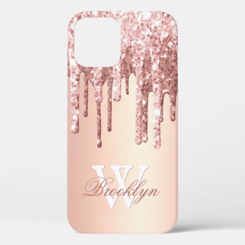 Monogrammed Rose Gold Sparkle Glitter Drips  iPhone 12 Case