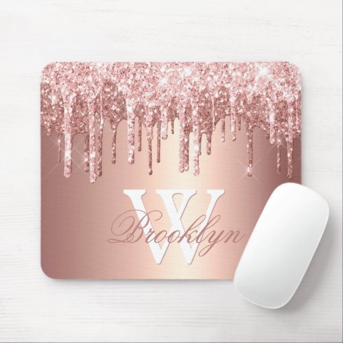 Monogrammed Rose Gold Sparkle Glitter Drips Mouse Pad