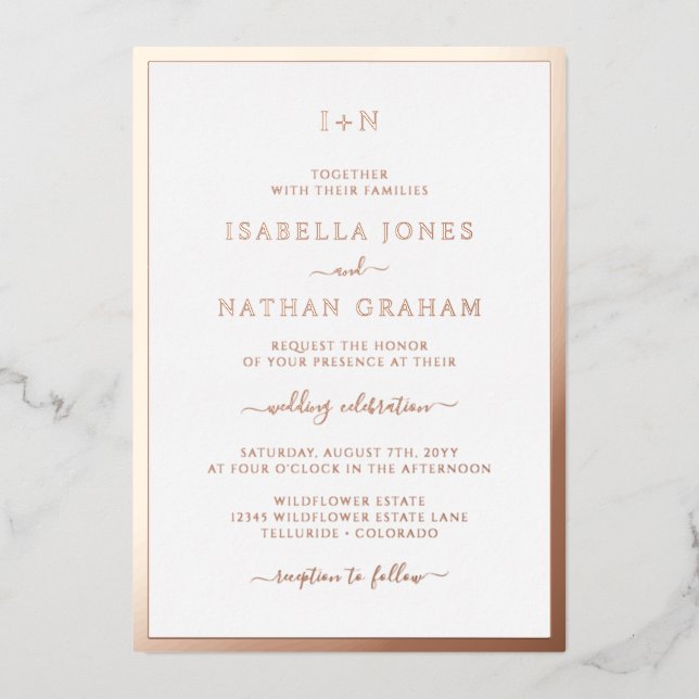 Monogrammed Rose Gold Wedding Foil Invitation (Front)