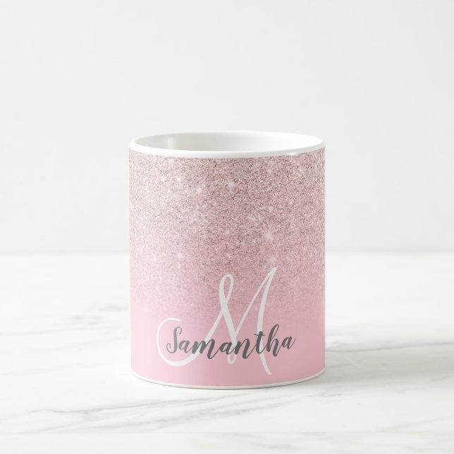 Monogrammed rose pink glitter ombre add your name coffee mug (Center)