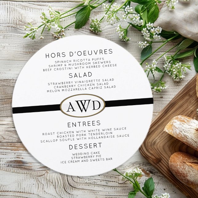 Monogrammed Round Wedding Menu Template (Creator Uploaded)