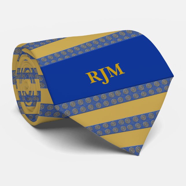 Monogrammed Royal Blue and Gold Stripes Neck Tie (Rolled)
